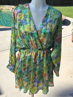 Zara Green Floral Surplice Waist Tie Mini Dress XS